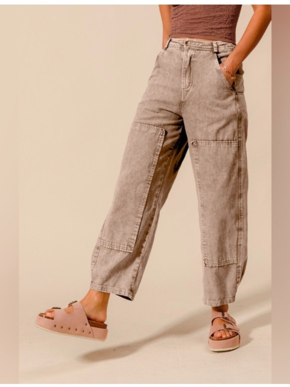 Anthropologie High-Rise Wide-Leg Utility Jeans in Faded Taupe